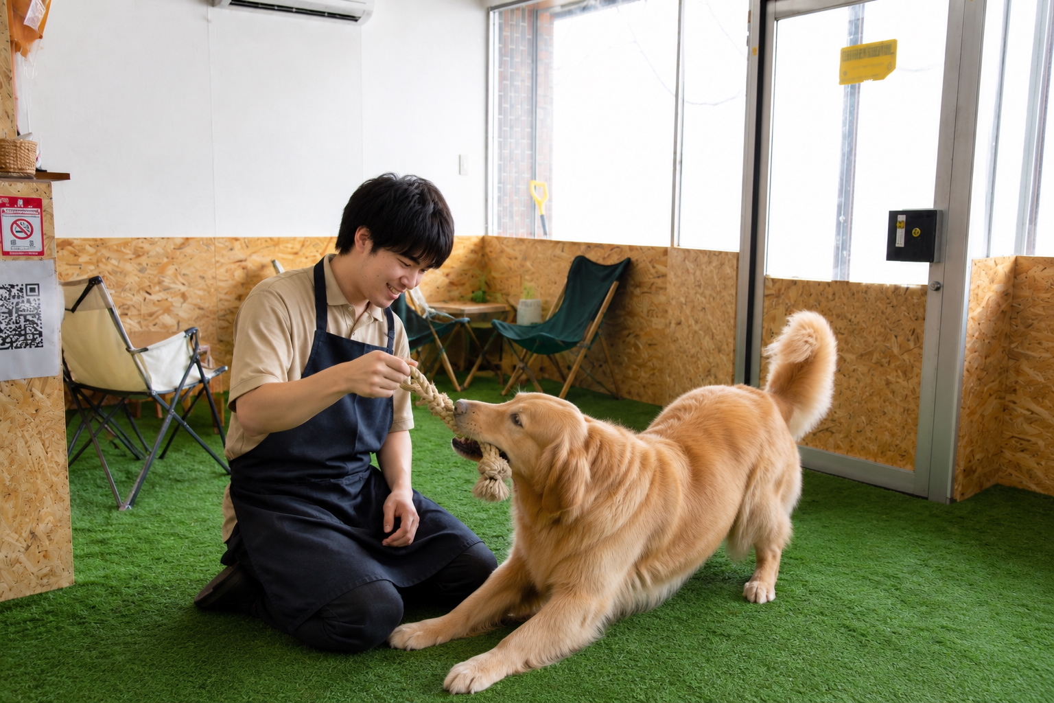 室内で犬とふれあう様子